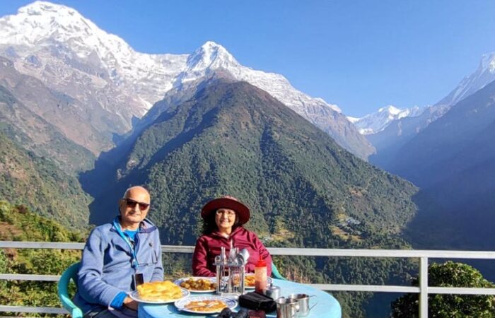 Beautiful couple enjoying the breakfast in himalayas