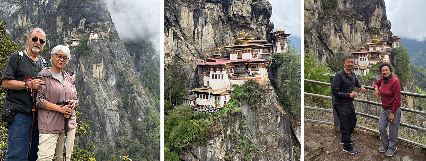 couple taking photo infront of tiger nest monastery
