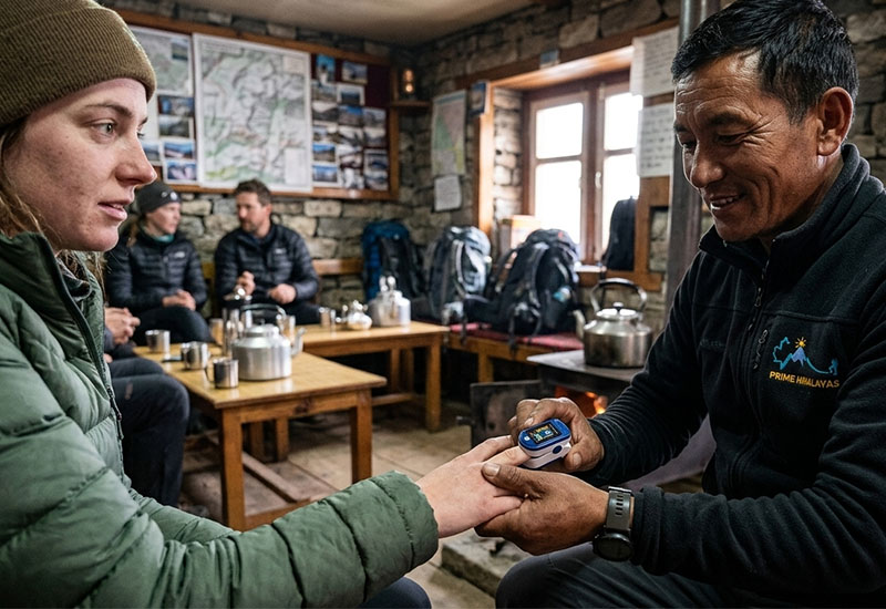 prime himalayas guide checking pulse rate of client during everest base camp trek